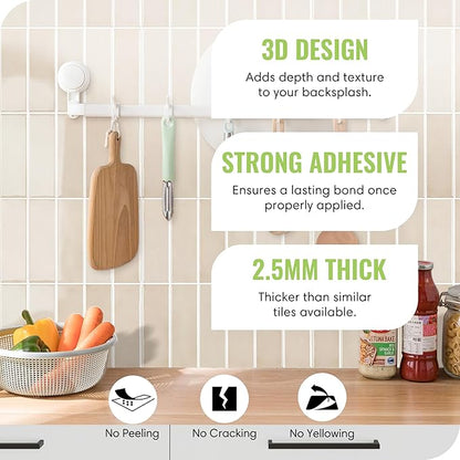 5 Pack Peel and Stick Backsplash Subway Tiles, Extra Thick 3D Wall Panels, Heat & Water Resistant, Easy DIY Kitchen, Bathroom, Laundry, Fireplace & Rental Home Wall Décor (12 x 12 in), Almond