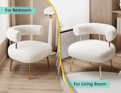 Mid Century Sherpa Boucle Accent Chair, Round Upholstered Barrel Arm Chair for Small Spaces, Fluffy Side Corner Chair for Living Room, Bedroom, Vanity, Office, Reading Nook(Cream White)