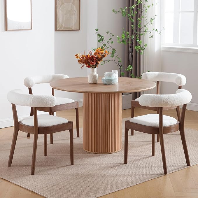 Wood Dining Chairs Set of 4, Mid Century Modern Living Room Chairs with Unique Curved Open Back Comfy Upholstered Side Chair for Kitchen/Restaurant/Reception, Sherpa White