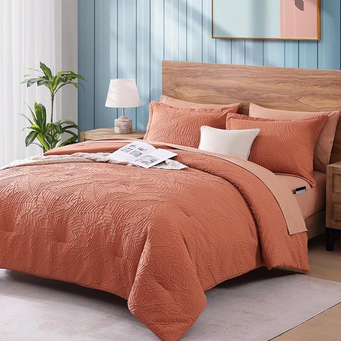 Geniospin King Size Comforter Set - 7 Pieces Burnt Orange Bedding Set, Botanical Textured Fall Comforter Set, All Season Lightweight Bed in a Bag with Comforter, Sheets, Pillowcases & Shams