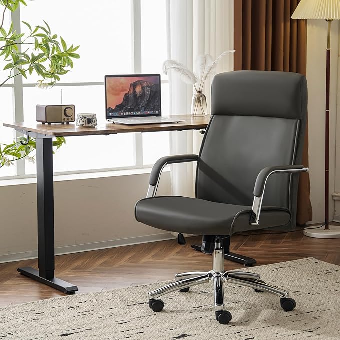 Mid-Back Ergonomic Leather Office Chair, Modern Upholstered Executive Desk Chair with Gold Frame Armrest Computer Task Chair (Slate Gray)