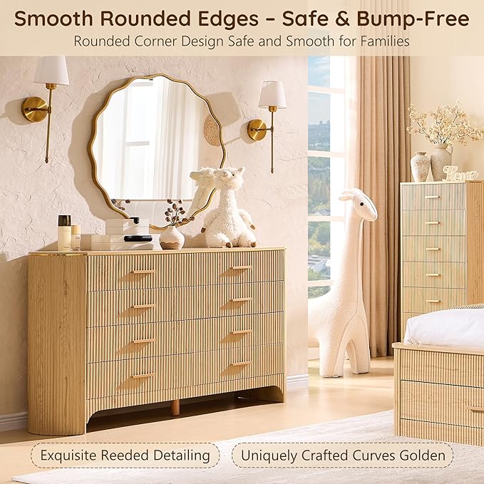 Fluted 8 Drawer Dresser for Bedroom with Curved Profile Design,53.9" W Wide Chest of Drawers with Reeded Front Panels,Wide Storage Cabinet with Smooth-Glide Drawers for Living Room,Natural Oak