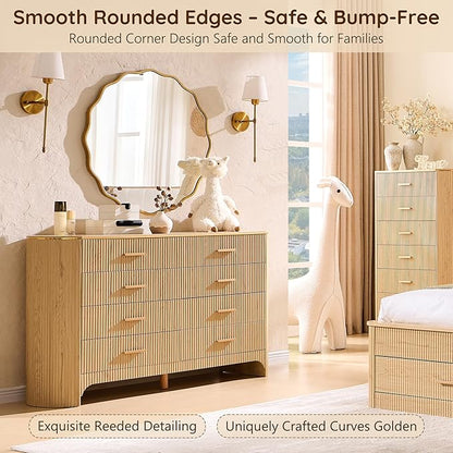 Fluted 8 Drawer Dresser for Bedroom with Curved Profile Design,53.9" W Wide Chest of Drawers with Reeded Front Panels,Wide Storage Cabinet with Smooth-Glide Drawers for Living Room,Natural Oak
