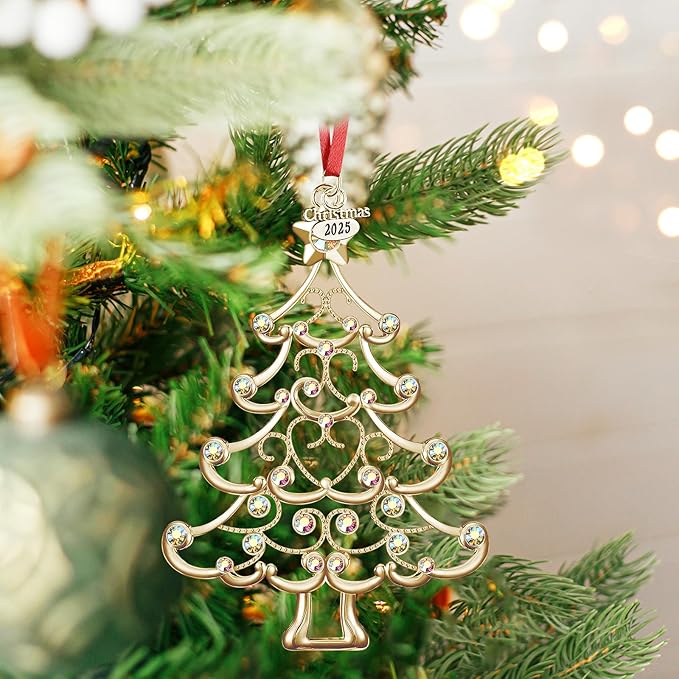 Christmas Ornaments 2025 Decorations for Christmas Tree, Metal Hanging Rhinestones Christmas Tree Decorations Indoor, Glitter Crafts Xmas Decors Annual Keepsake Gifts for Family Friends Holidays Home