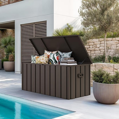 PURPLE LEAF 7 Pieces Patio Dining Table Set with StorageBox Wicker Teak-Finish Outdoor Furniture Rectangular Table and Chairs Set for Garden Deck Backyard Kitchen, Cushions and Pillows Included