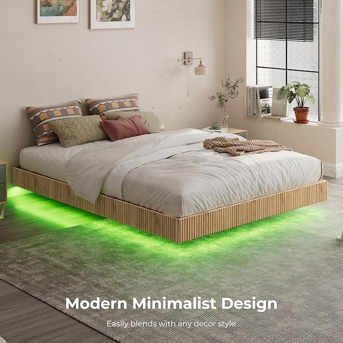 Evermagin Natural Queen Floating Bed Frame with led Lights, Bohemia Fluted Floating Platform Bed No Headboard, Heavy Duty Metal Float Bedframe, No Box Spring Needed