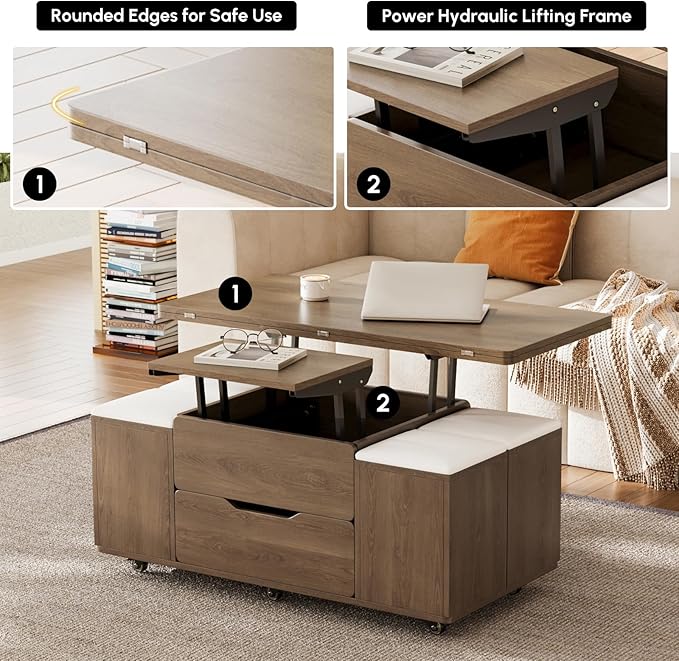 homary Lift-Top Coffee Table with Hidden Storage, 3-in-1 Modern Folding Center Table with 4 Stools, Casters, and Lockable Wheels – Convertible Dining & Office Table for Living Room (Walnut)