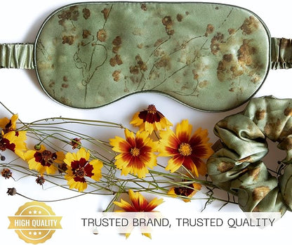 Silk & Willow 100% Pure Mulberry Silk Sleep Eye Mask & Hair Scrunchie Gift Set (Coreopsis Sage)