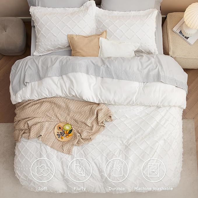 Bedsure Full Comforter Set - Ivory Comforter, Boho Tufted Shabby Chic Bedding for Kids, 3 Pieces Vintage Farmhouse Bed Set for All Seasons, Fluffy Soft Bedding with 2 Pillow Shams