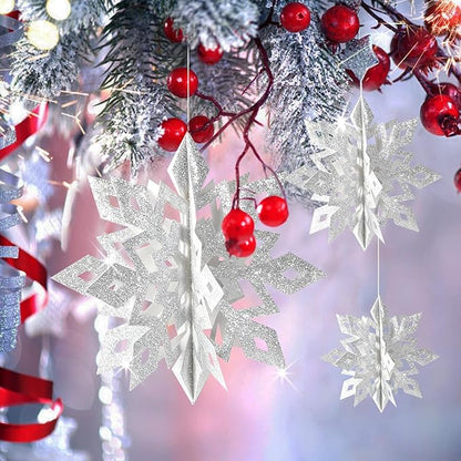 GuassLee Christmas Hanging Snowflakes Decorations, 15pcs 3D Paper Snowflakes Hanging Ornaments Glitter Silver Snowflake Garlands for Winter Wonderland Frozen Christmas Birthday Party Decorations