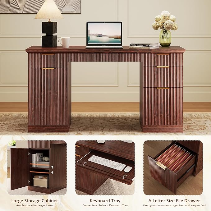 FURSUN 58" Fluted Modern Desk with Storage, Home Office Desk with 1 File Cabinet & 5 Drawers, Wood Executive Computer Writing Desk for Study, Living Room, Bedroom, Dark Walnut