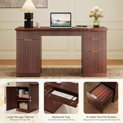 FURSUN 58" Fluted Modern Desk with Storage, Home Office Desk with 1 File Cabinet & 5 Drawers, Wood Executive Computer Writing Desk for Study, Living Room, Bedroom, Dark Walnut