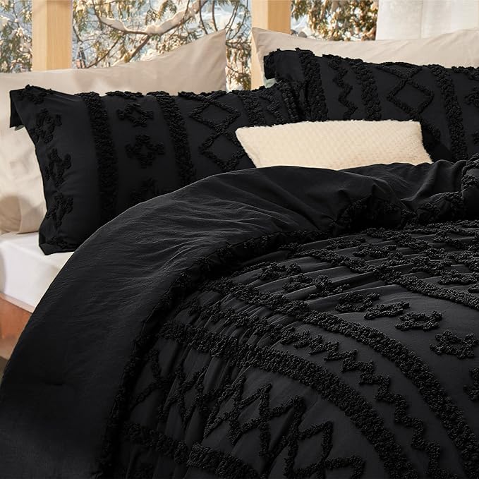 Bedsure Tufted Boho Comforter Set California King - Black Boho Bed Set, GentleSoft™ 3 Pieces Farmhouse Shabby Chic Embroidery Bedding, Gifts for Woman, Soft Jacquard Comforter for All Seasons