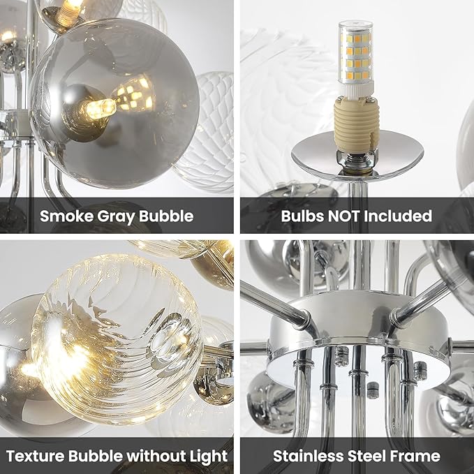 Mid Century Bubble Chandelier 8-Light 24in Globe Sputnik Pendant Light Fixture Modern Silver Chandeliers with 15 Bubbles LIght Fixtures for Dining Room Kitchen Living Room Bedroom Entryway Foyer