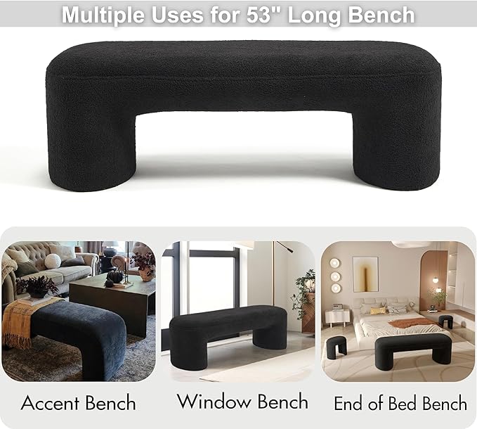 3-Pieces Modern Upholstered Ottoman Waterfall Bench for Bedroom End of Bed Accent Chair, 53" Sherpa Entryway Bench Sets, Comfy Indoor Narrow Window Bench Bed Stool Living Room Bedroom, Black