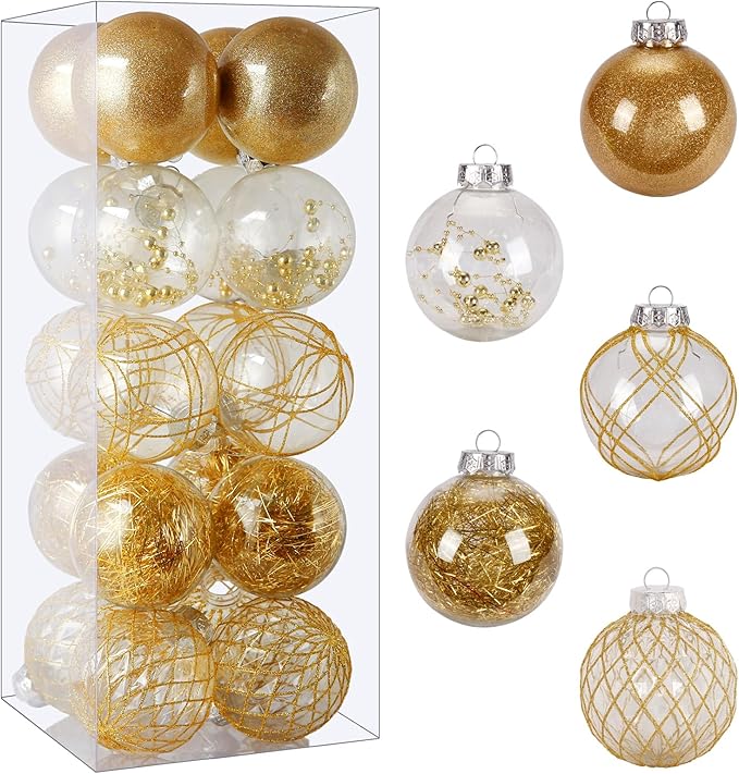 Christmas Ball Ornaments Set, 20ct Large Clear Shatterproof 80mm/3.15" Gold Christmas Ornaments for Christmas Tree Decoration Hanging Decorative Bauble for Thanks Giving Xmas Holiday Party