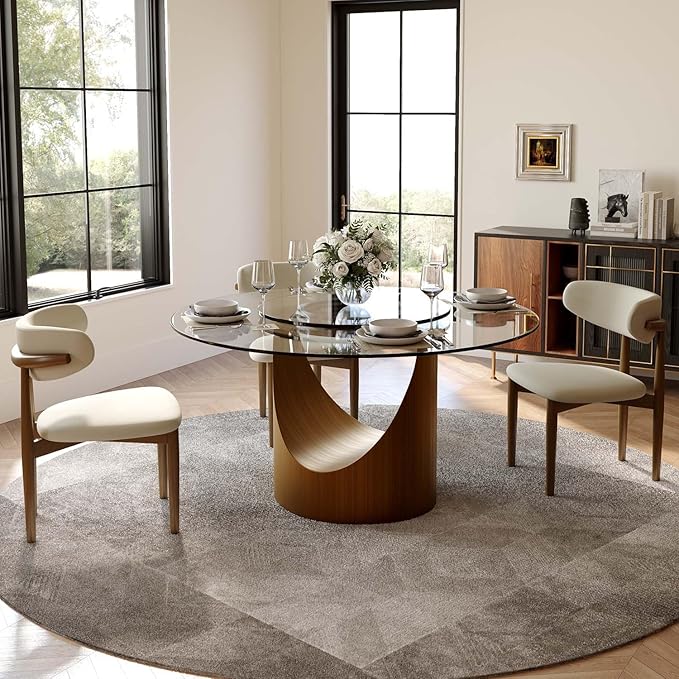 POVISON 51" Round Dining Table for 4 with 23" Lasy Susan, Glass Tabletop Dining Table with Bronze Carbon Steel Pedestal, Modern Dining Room Table for Kitchen, Living Room (Table Only)