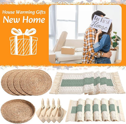 4 Sets Boho Placemats Round Woven Placemats, Cloth Napkins, Wood Bead Napkin Rings, Long Table Runner and Farmhouse Rustic Natural Burlap Cotton for Kitchen Table Home (Green)