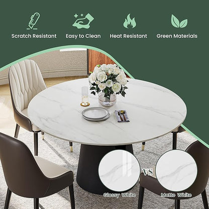 POVISON 59" Round Dining Table for 6, Glossy White Sintered Stone Dining Tabletop with Black Carbon Steel Base, Circle Kitchen Table for Dining Room (Table Only)