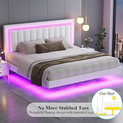 HOMBCK Floating Bed Frame King with Smart LED Lights, Faux Leather Upholstered Bed with Diamond PU Headboard, No Box Spring Needed, Noise-Free, Easy Assembly, White