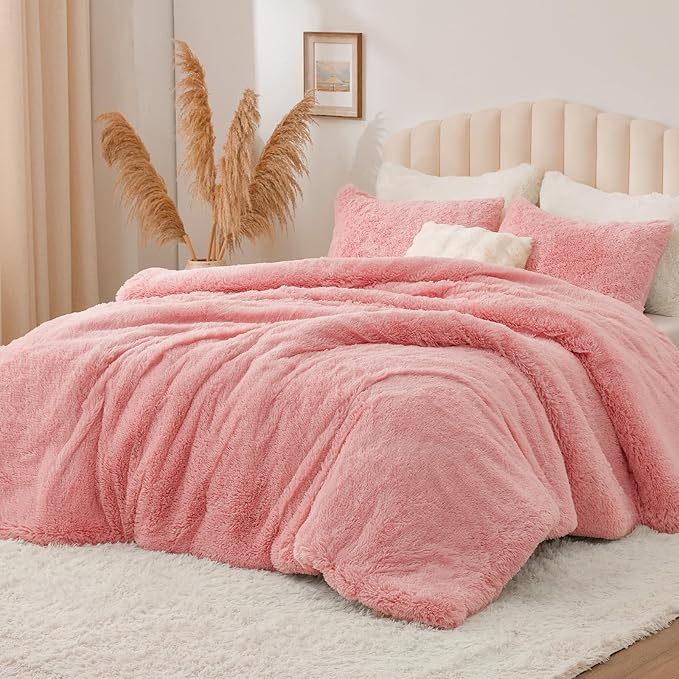 BEDELITE Pink Fluffy Comforter Set King Size, Fuzzy Faux Fur Comforter Bedding Set, 3Pieces Soft Warm Shaggy Bed Set (1 Comforter & 2 Pillowcases) as Gifts for Women