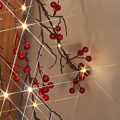 Fudios Lighted Red Berry Garland with Timer 120 LED 6FT Battery Operated USB Plug in,Lit Christmas Garlands Lights for Home Mantle Inside