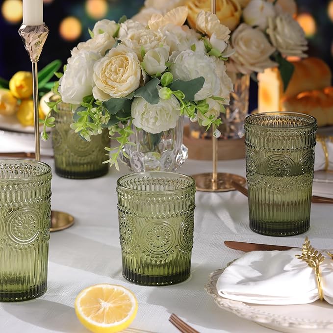 Vintage Glassware Drinking Glasses Set of 4-13 oz Green Highball Glasses Water Tumbler, Embossed Glassware Cups for Juice, Beer, Cocktail, Whiskey, Various Mixed Drinks