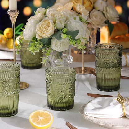 Vintage Glassware Drinking Glasses Set of 4-13 oz Green Highball Glasses Water Tumbler, Embossed Glassware Cups for Juice, Beer, Cocktail, Whiskey, Various Mixed Drinks