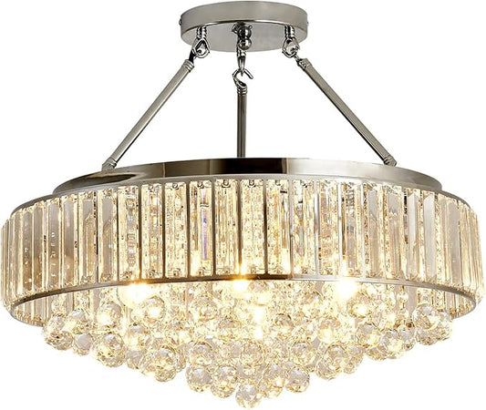 YYJLX 6 Light Modern Large Round Crystal Chandelier Chrome Semi Flush Mount Ceiling Light Fixtures E26 Ceiling Lamp for Dining Room Living Room Laundry Room Foyer Kitchen Balcony Bedroom(Silver).