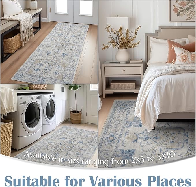 jinchan Vintage Floral Washable Area Rug 6x9 Non-Slip Low Pile Carpet, Blue