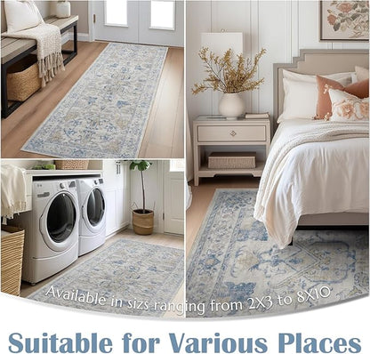 jinchan Vintage Floral Washable Area Rug 6x9 Non-Slip Low Pile Carpet, Blue