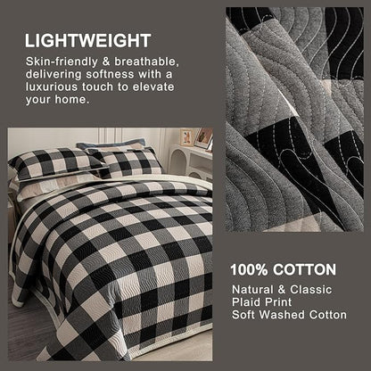 Cotton Plaid Quilt Set Queen 3 Piece Lightweight Reversible Bedding, Grid Black White