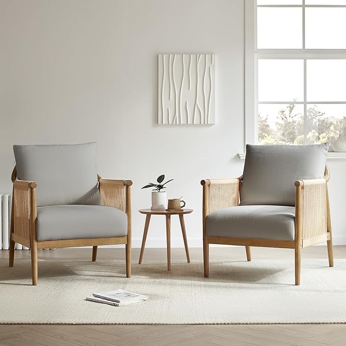 CHITA Braid Accent Chair Set of 2, Modern Armchair with Solid Wooden Armrest for Living Room and Bedroom, Boho Reading Chair, Light Grey