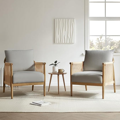 CHITA Braid Accent Chair Set of 2, Modern Armchair with Solid Wooden Armrest for Living Room and Bedroom, Boho Reading Chair, Light Grey