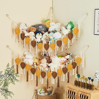 Pretty Jolly Stuffed Animal Storage with Hand Woven Leaf Tassels Hammock Corner Hanging Net Boho Macrame Plush Storage for Kid Room Nursery Decor Wall Display for Girls Gift(Dark Yellow&Caramel)