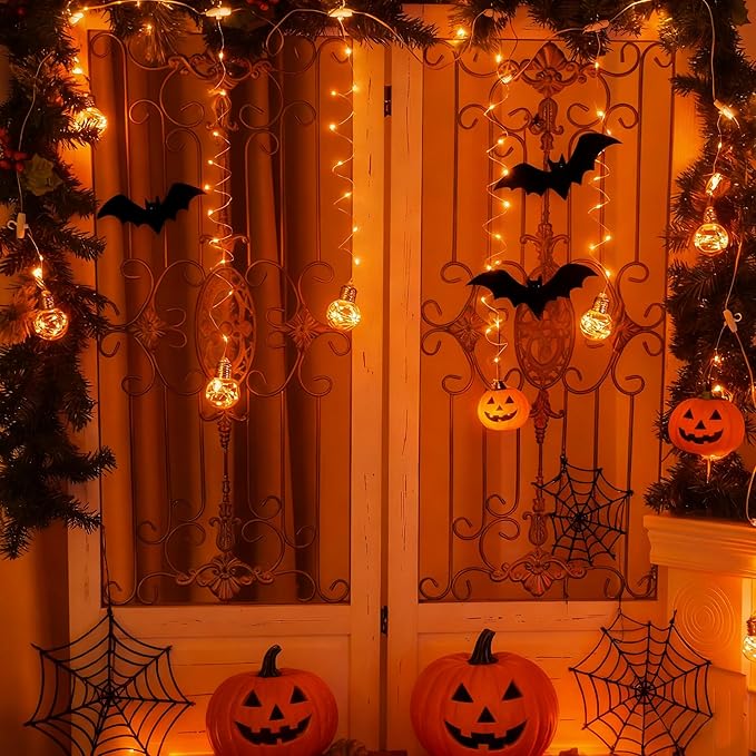 YOLIGHT Wishing Ball Curtain Lights 200 LED Window Curtain String Lights with Remote, USB Battery Powered Twinkle Globe Fairy Lights for Party Bedroom Christmas Halloween Decoration (Orange)