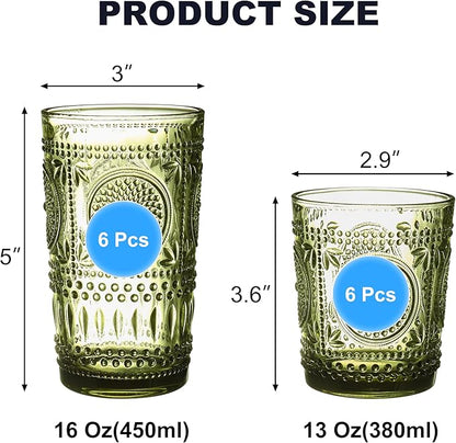 Green Drinking Glasses Set of 12, 16 Oz Highball & 13 Oz Cocktail Glasses, Green Kitchen Vintage Glassware Set, Floral Embossed Glass Tumbler Cups for Water, Beer, Juice, Whiskey, Coffee