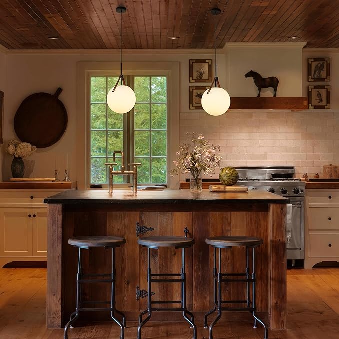 Aisilan Globe Pendant Light, White Opal 9.6” Glass Pendant Light with 5W E26 Blub, Mid Century Adjustable Hanging Light Fixture for Kitchen Island, Globe Chandelier for Dining Room Bedroom