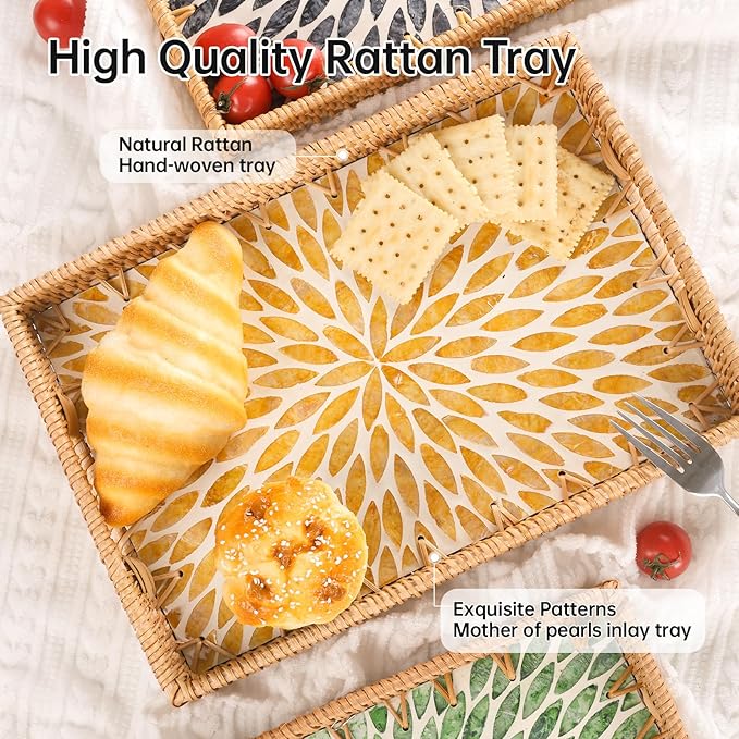 Rectangle Rattan Tray with Mother of Pearl Inlay, Rattan Serving Tray with Handle for Coffee, Bread, Fruits, Snacks, Decorative Wicker Tray for Table Decor (Rectangle Amber Leaf, 13"×9")