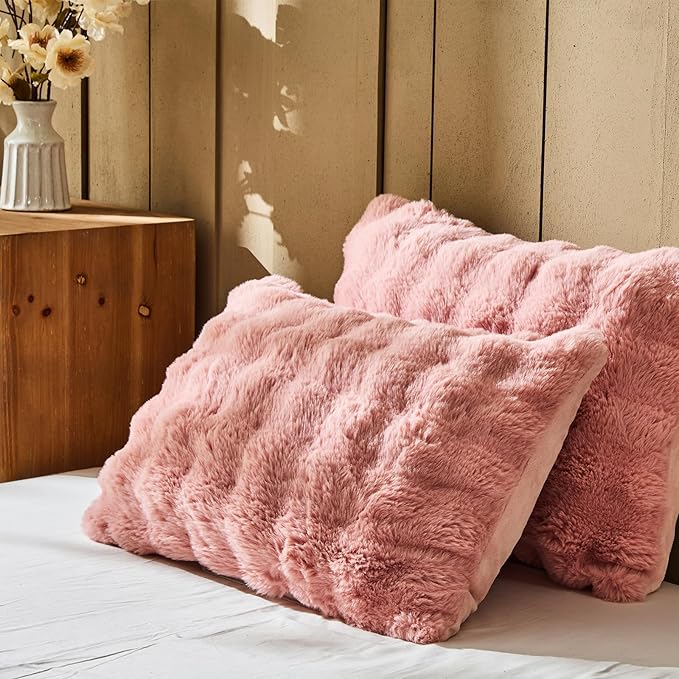 Lotus Karen Faux Fur Queen Comforter Set – Pink Fluffy Comforter Queen Size, Big Bubble Faux Rabbit Fur Bedding Comforter Sets, Winter Warm Cozy Fuzzy Bed Set 3 Pieces, 1 Comforter and 2 Pillowcases