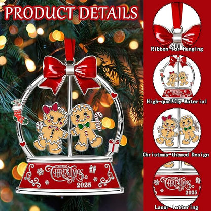 Christmas Gingerbread Couple Ornaments 2025 for Tree Decorations,Dated 2025 Metal Wreath Ornament with Rotatable for Christmas Keepsake Gifts for Grandparents, Kids, Friend