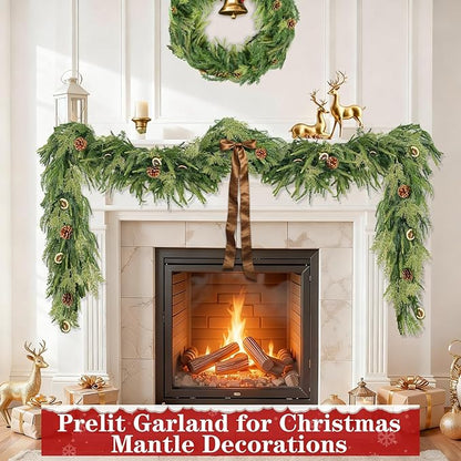 Extra Thick&Lush-9 Ft by 10 Inch Real Touch Norfolk Pine Garland,Christmas Garland Artificial Realistic Soft Thickness Greenery Pine Cypress Pinecones Garlands for Mantle Fireplace Home Indoor Outdoor