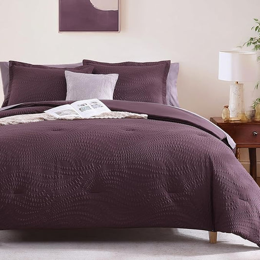 Geniospin Full Size Comforter Set - 7 Pieces Purple Bedding Set, Botanical Textured Fall Comforter Set, All Season Comfortable Bed in a Bag with Comforter, Sheets, Pillowcases & Shams