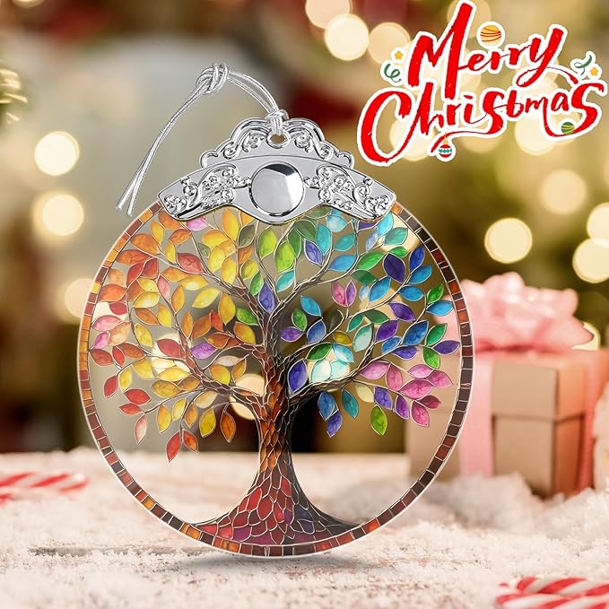 Tree of Life Ornaments for Christmas Tree, Stained Glass Christmas Ornaments and Xmas Tree Decorations