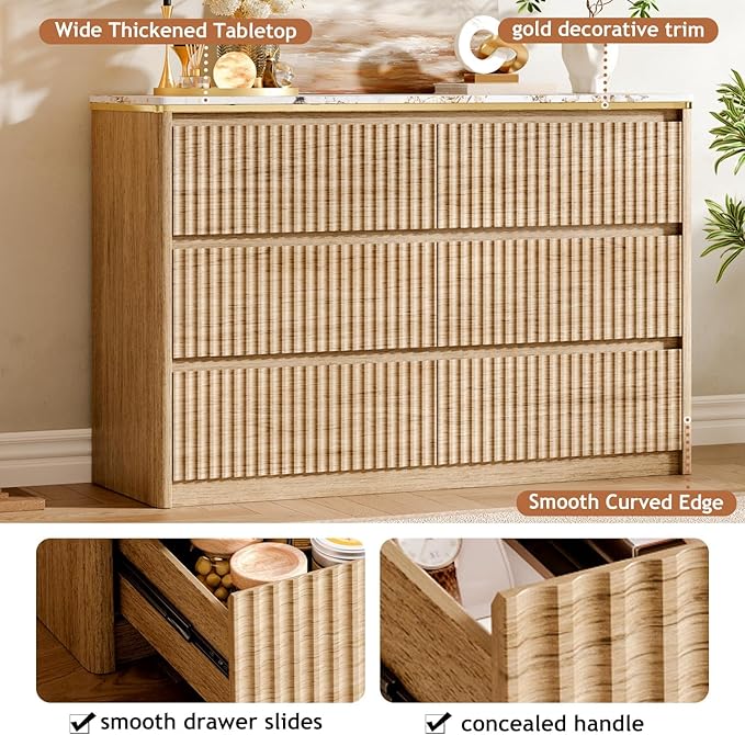 Fluted Dresser for Bedroom with 6 Drawers, 47.2" Modern Chest of Drawers with Faux Marble Top, Curved Profile Design,Dresser TV Stand, Wood Drawer Organizer for Living Room, Hallway, Oak1