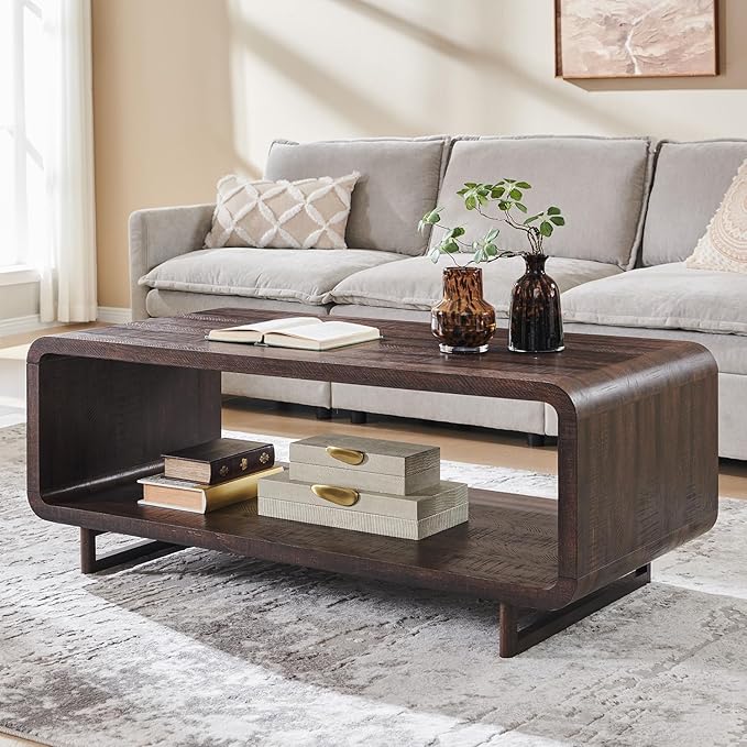 48" Modern Coffee Table, 2-Tier Minimalist Center Table with Storage Shelf, Curved Profile Design, Wooden Rectangular Living Room Table w/Wood Thick Design for Living Room, Office, Brown
