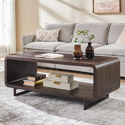 48" Modern Coffee Table, 2-Tier Minimalist Center Table with Storage Shelf, Curved Profile Design, Wooden Rectangular Living Room Table w/Wood Thick Design for Living Room, Office, Brown