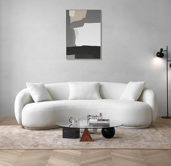 Acanva Modern Curved Sectional Living Room Couch, Minimalist Comfy Boucle Fabric Modular Sofa for Apartment, Home Office, 3-Seater, White