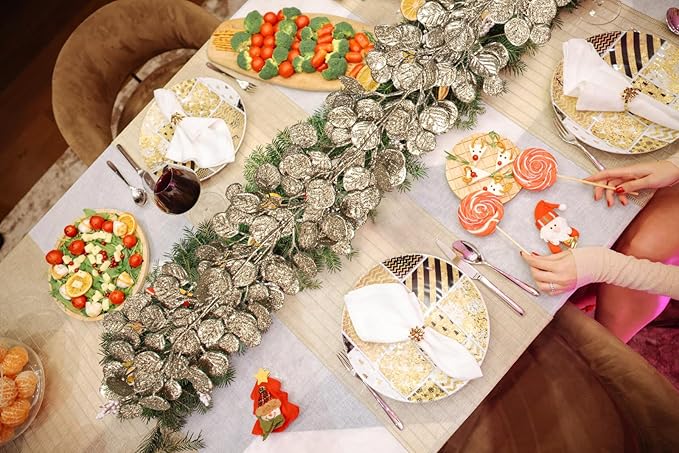 3 Pcs 6FT Christmas Garland Champagne Glittered Artificial Eucalyptus Leaves for Mantle Christmas Tree Decorations Indoor Outdoor Hanging Garland Ornaments Garden Door Window Stair Holiday Home Decor