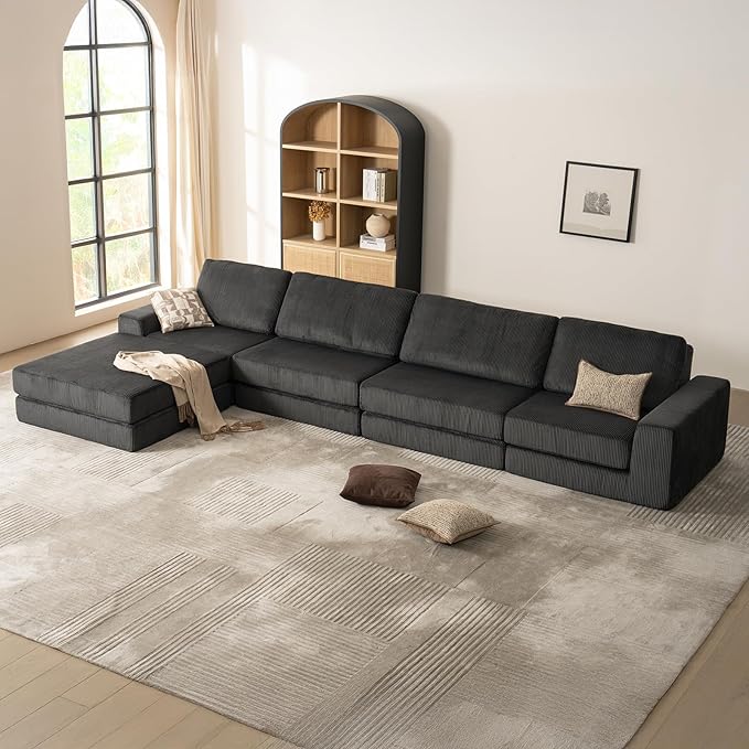160.63‘’ Boneless Couch Cloud Modular Sectional Couches for Living Room, Oversize L-Shape Sofa with Deep Seat, Plush Corduroy 4-Seater with Ottoman, No Assembly Required
